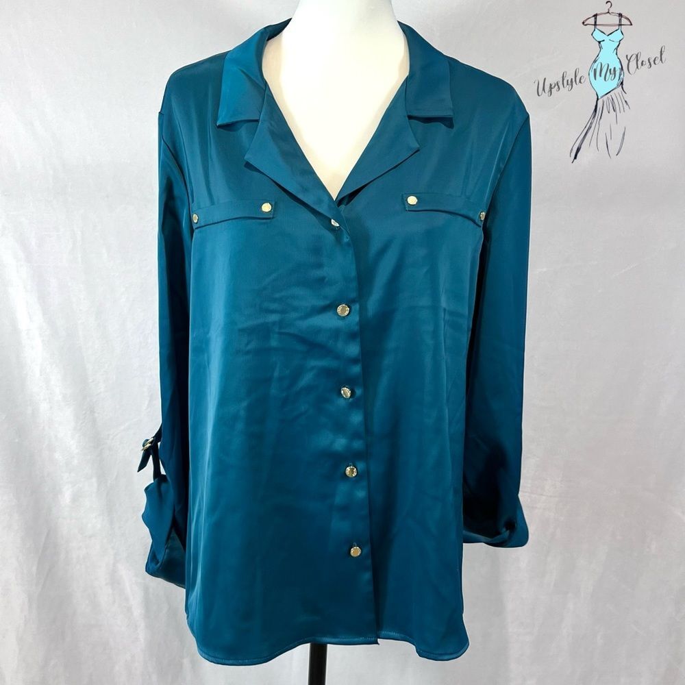 Anne Klein long sleeve moroccan blue satin blouse top size medium NWT